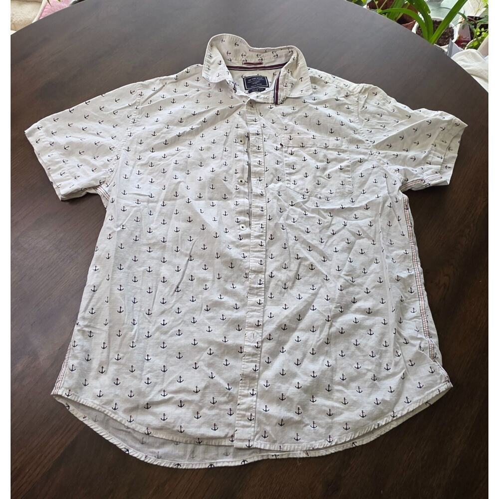 Mens XL‎ White Slim Fit Button-Up Shirt With Nautical Anchor Print - On The Road